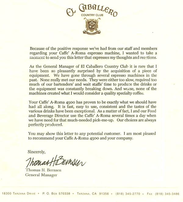 Testimonial from El Caballero Country Club.