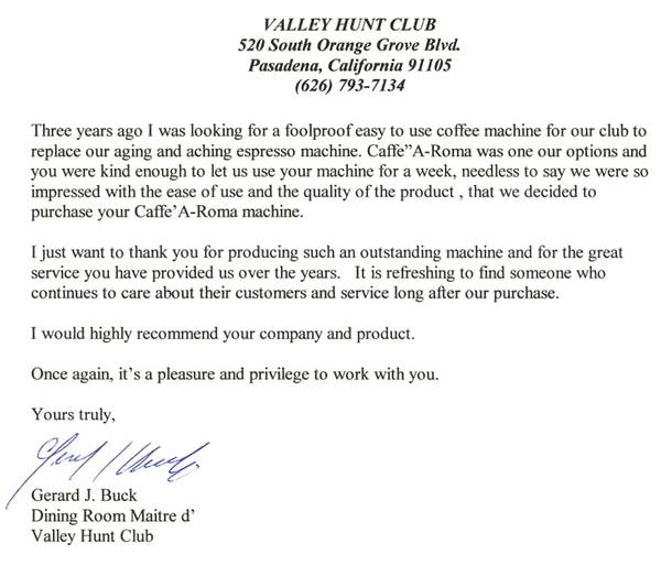 Testimonial from Valley Hunt Club.